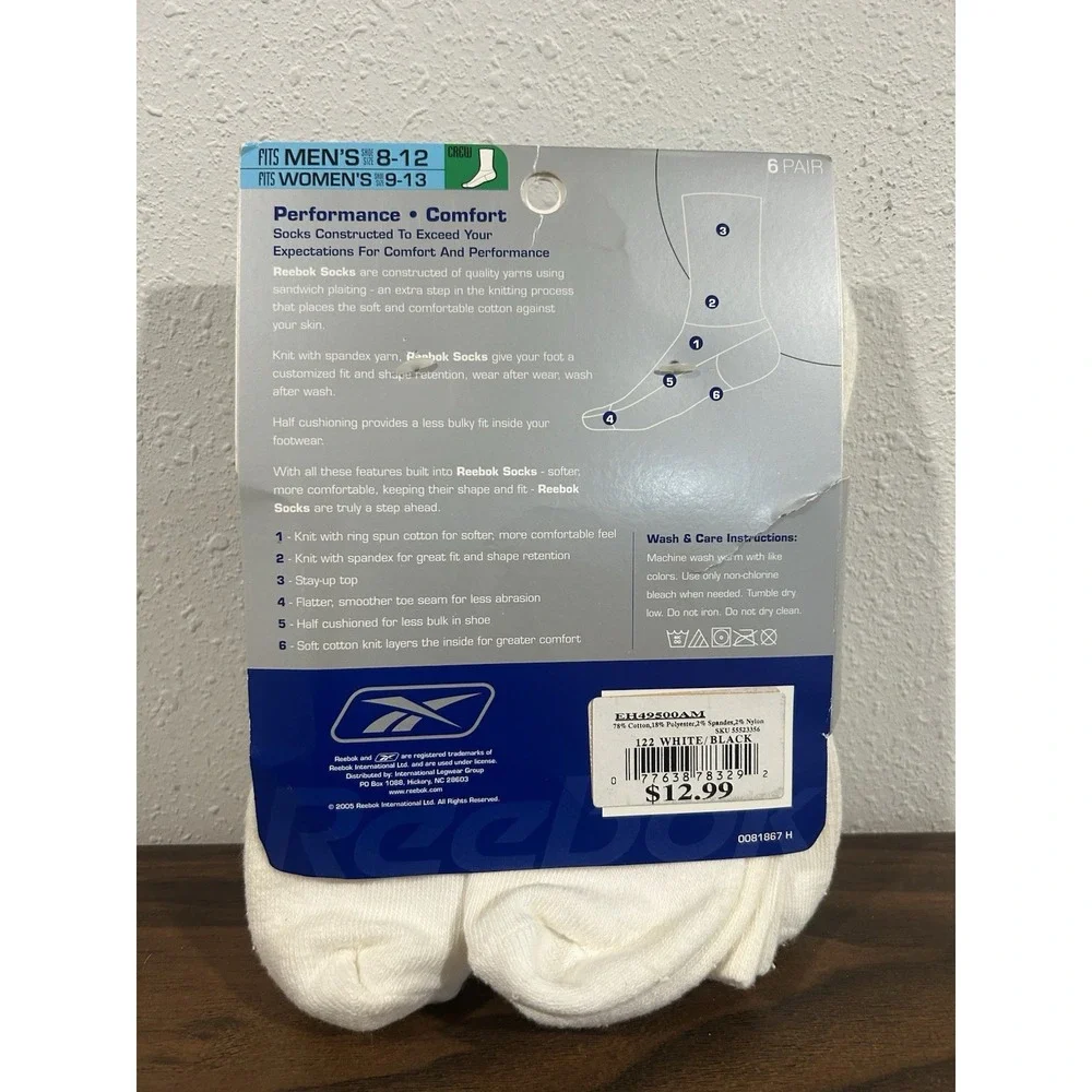 Reebok Vintage Crew Socks NOS 2005 Ribbed White Logo Retro Athletic 5 Pair